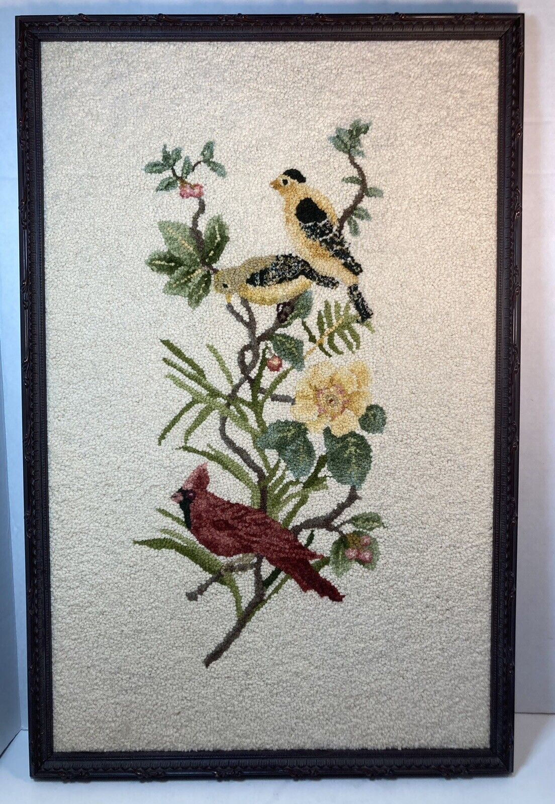 Vintage Framed Punch Needle Cardinal Finch Birds And Flowers Embroidery
