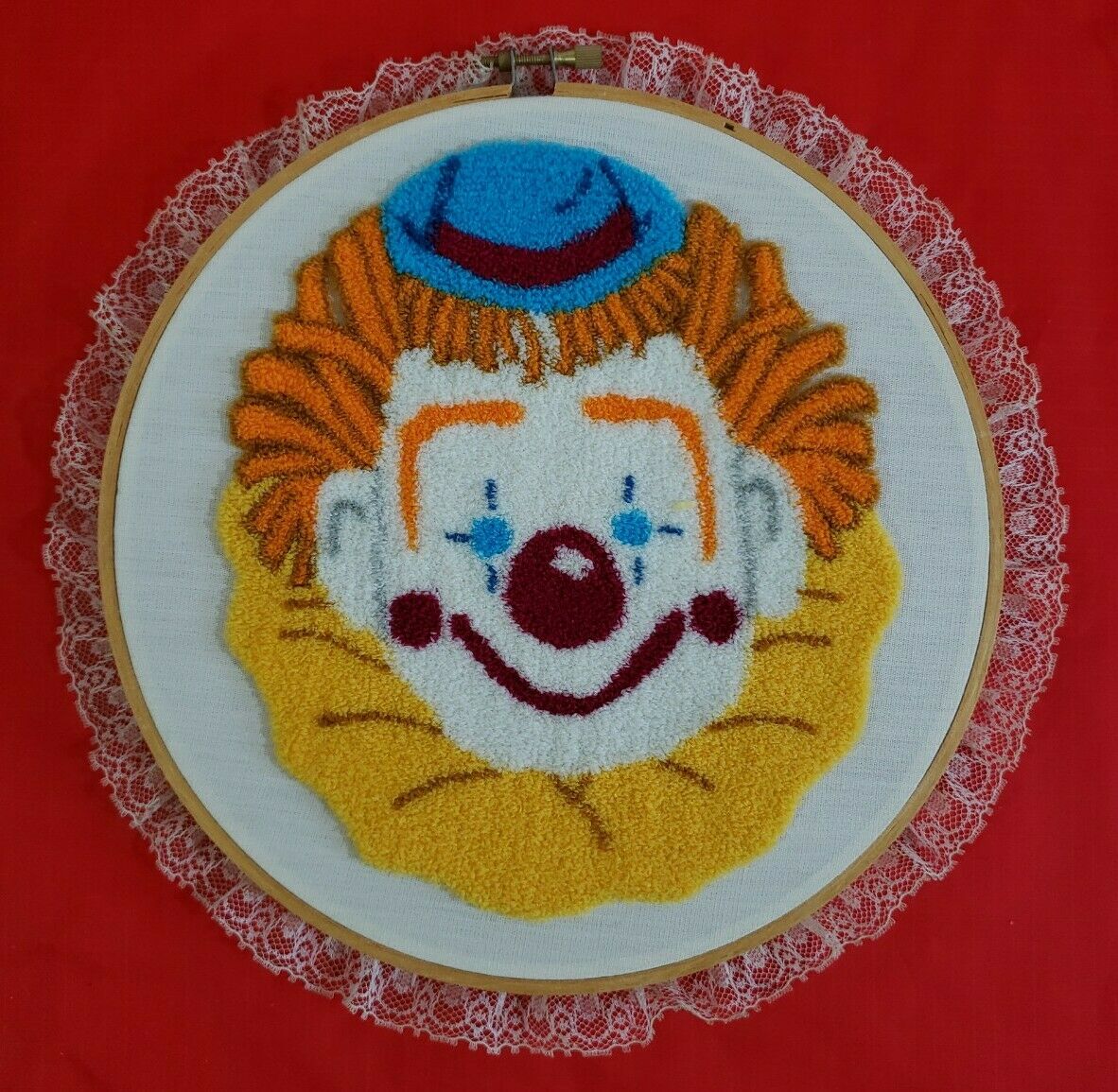Vintage Completed Punch Needle Yellow Happy Clown Framed In 8