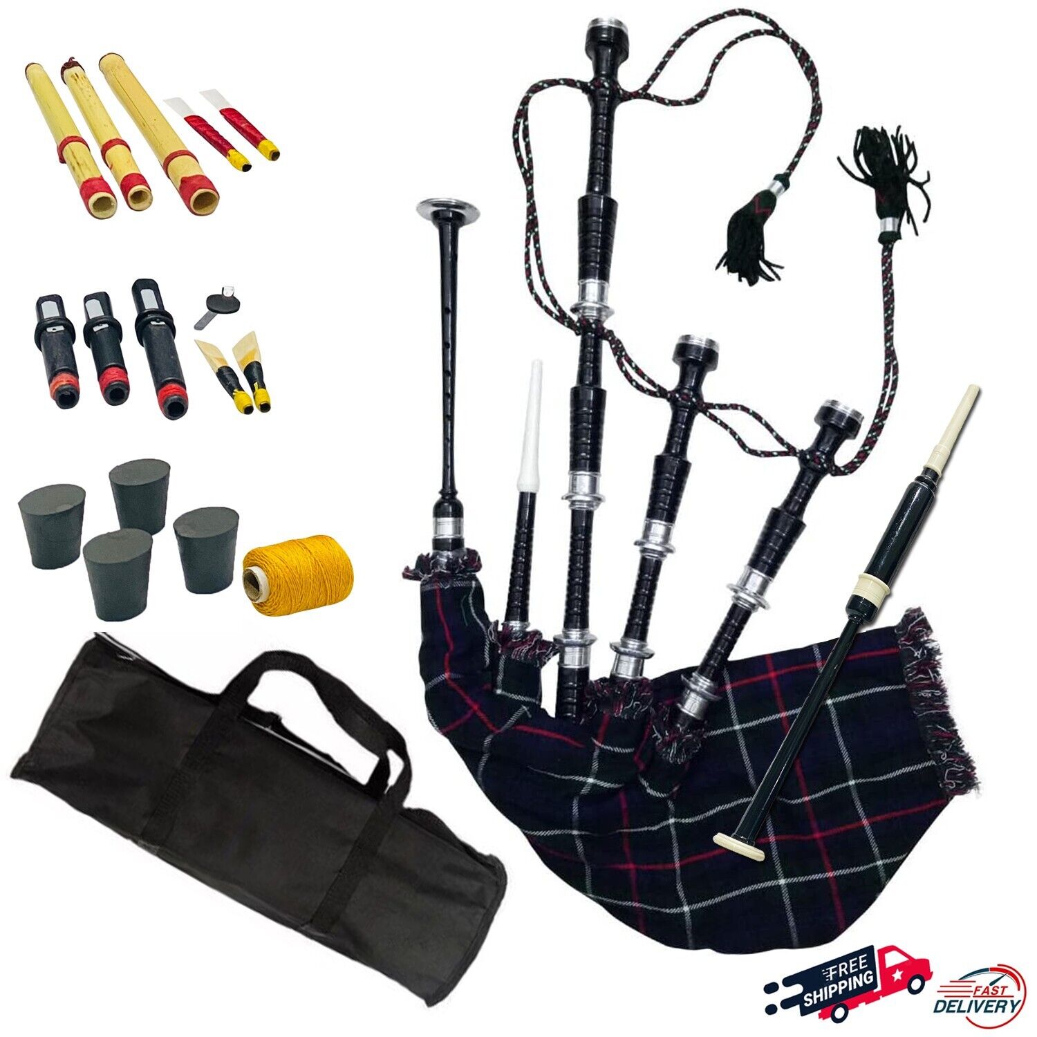 Scottish Highland Bagpipes Full Silver Mounts Mackenzie Cover With Bag&tutorbook
