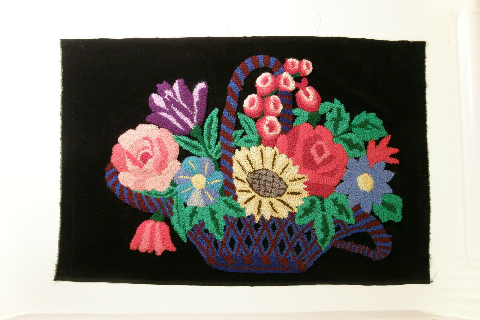 Vintage Handmade Basket Floral Punch Needle Embroidery Tapestry On Black Velvet