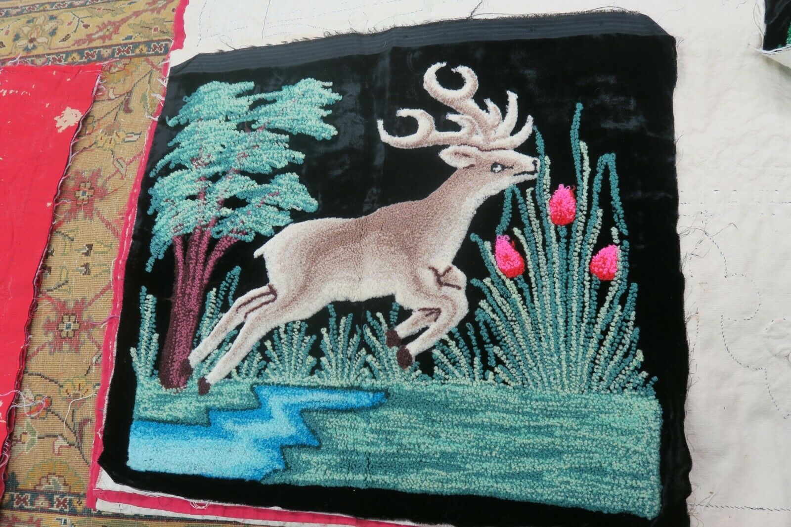Vintage Handmade Punch Needle Embroidery Tapestry on Black Velvet Deer Stag