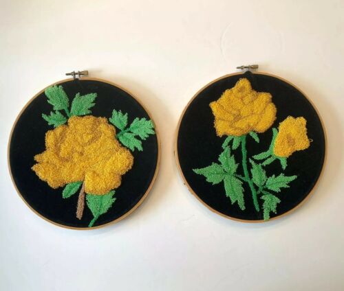 Set Of 2 Finished Embroidery Punch Needle Crewel Yellow Roses Black Velvet Loop