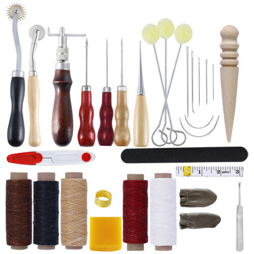 25pcs Leather Craft Manual Sewing Tools Thread Tapered Waxing Thimb Awl Work Set
