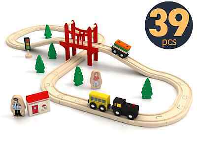 39 Pcs Wooden Train Tracks Set For Kids Toddler Toy Children Play Kit Toy Car
