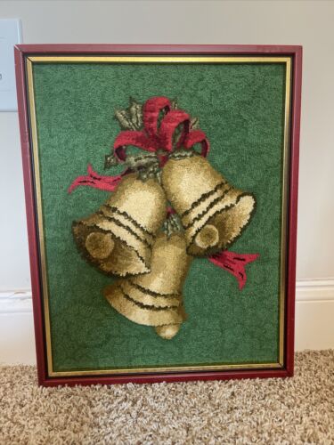 Vintage Punch Needle Completed Picture Christmas Bells Decor Embroidery Crewel