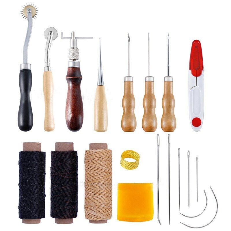 20pcs Leather Craft Hand Tools Kit Thread Awl Waxed Thimble Kit For Hand Sewing