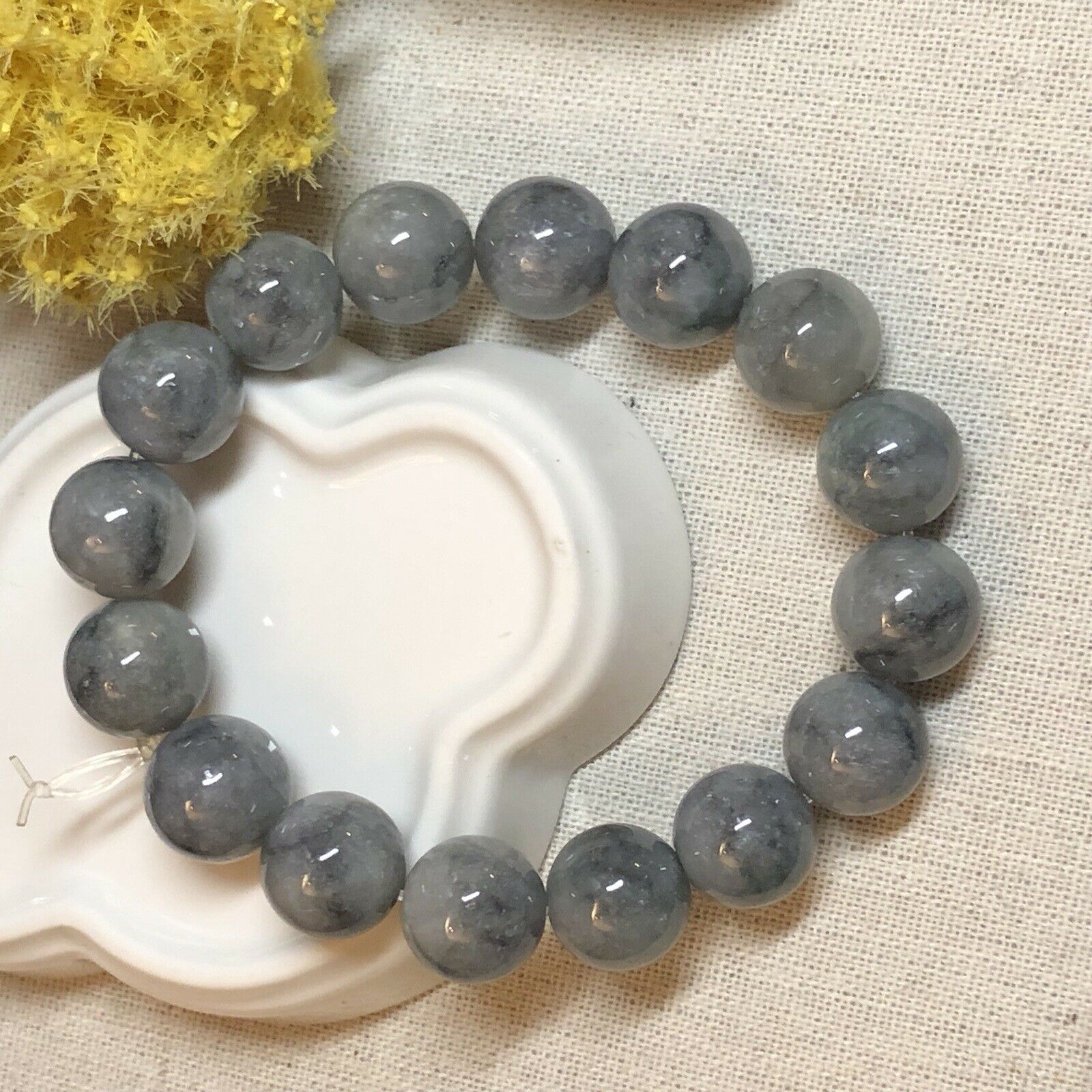 13.1 mm Grade A Wuji Grey Jadeite Jade Bead Bracelet 13.1 mm x 16 pcs. Style A