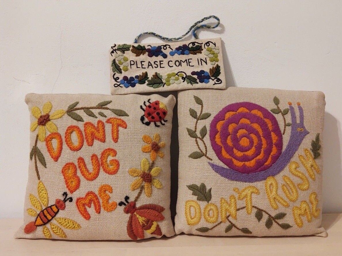 Set Of 70s Embroidery Pillows "don't Bug/rush Me" Snail Firefly Ladybug Cottage