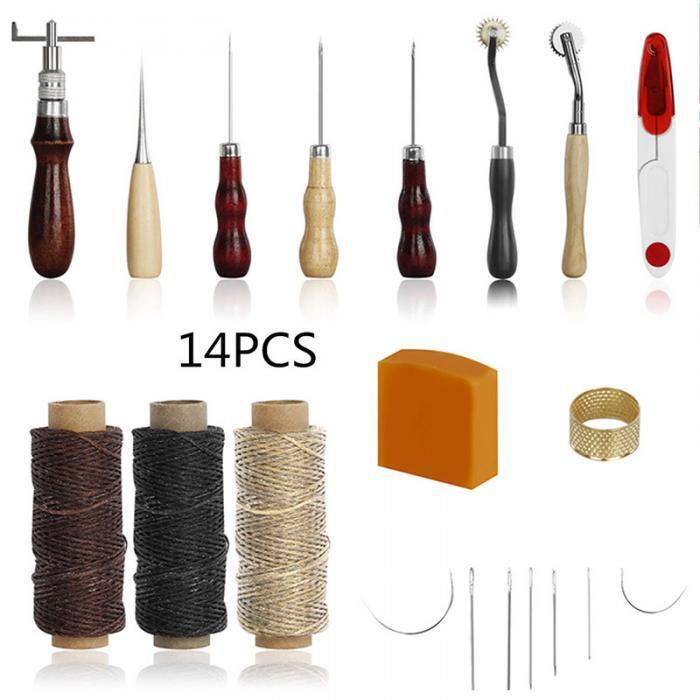 14pcs Leather Craft Tools Hand Stitching Sewing Tools Kit For Thread Awl Waxed