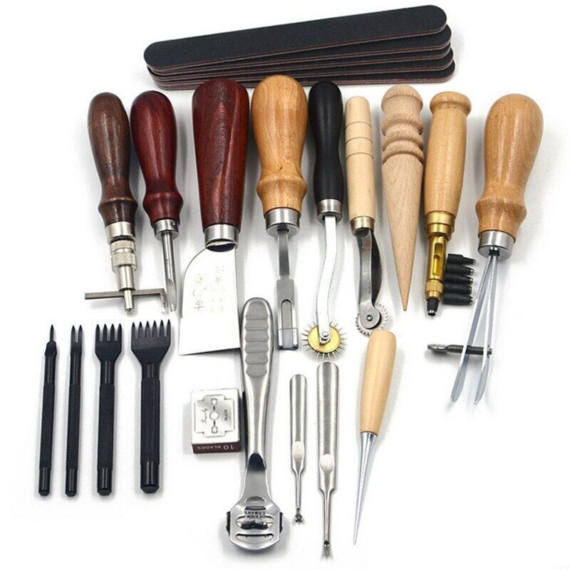 18pcs Leather Craft Punch Tools Kit Set Stitching Carving Sewing Saddle Groover