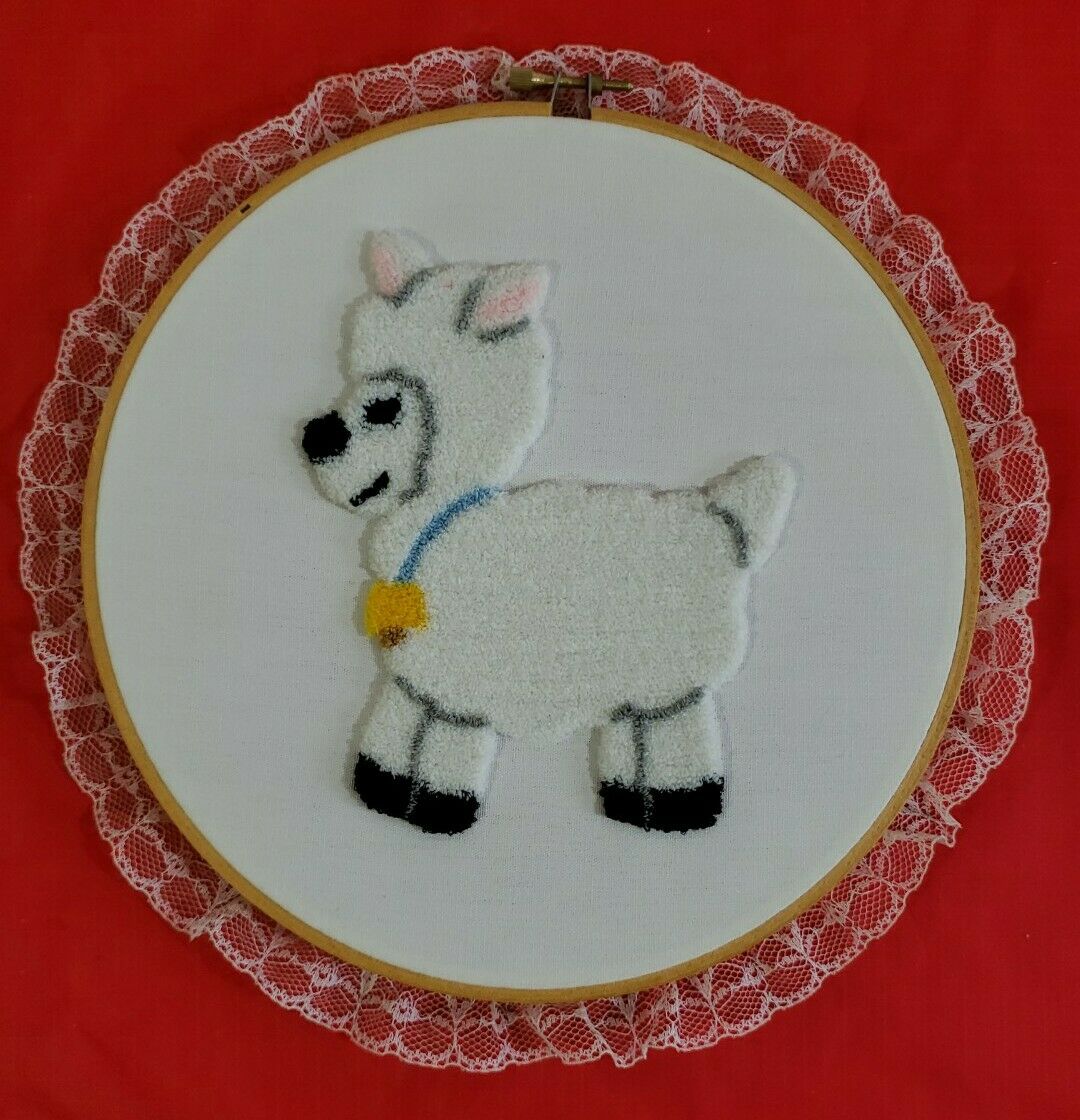 Vintage Completed Punch Needle White Lamb Framed In  8" Hoop